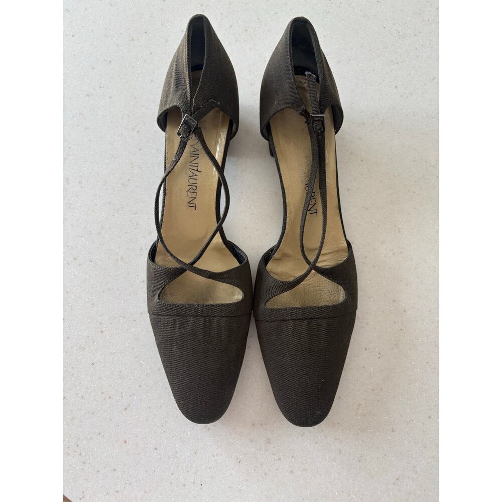 Vintage Yves Saint Laurent YSL Italy Canvas Peep Toe Slingback Heels Brown - Picture 7 of 9